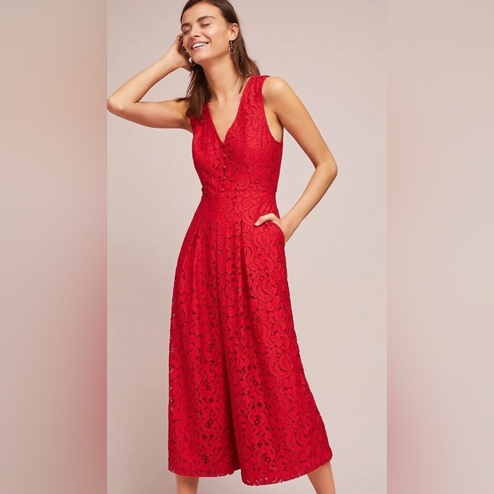 Anthropologie Moulinette Soeurs “Jaeda” Red Lace Wide-Leg Jumpsuit –Size 6 Z10